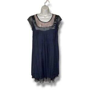 Dark Gray Beaded Sheer Lace Mesh Babydoll Dress Chiffon Ruffle Hem Size 40 READ